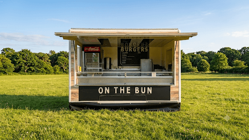 The On The Bun white burger van at a sunny rural farm shop